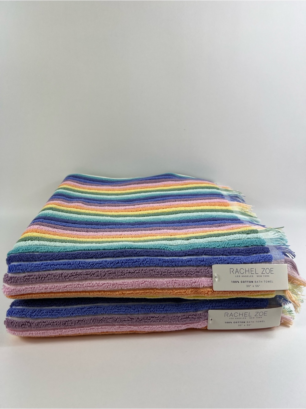 Rachel Zoe Bath Towels Rainbow Pastel Striped with Fringe Cotton Set of 2 NEW